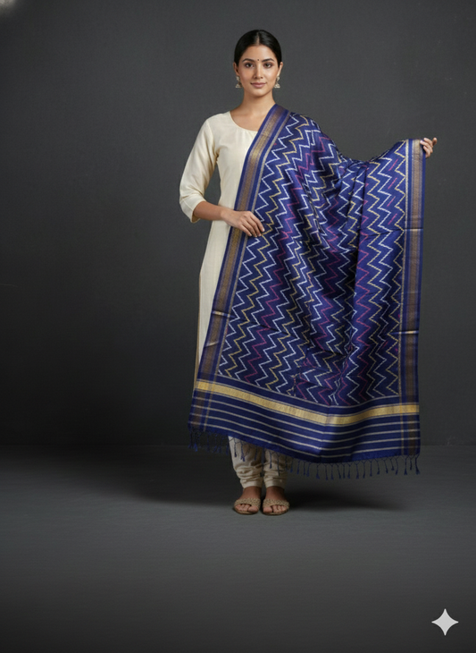 Blue handloom pure mulberry silk  Patola dupatta with geometrical pattern