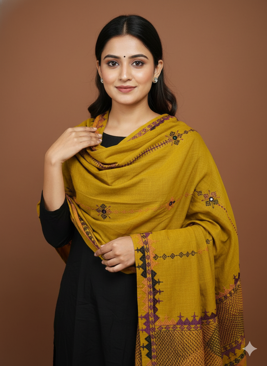 Mustard - Handcrafted Lambani Khadi Cotton Stole with Multicolor Embroidery and Mirror Work