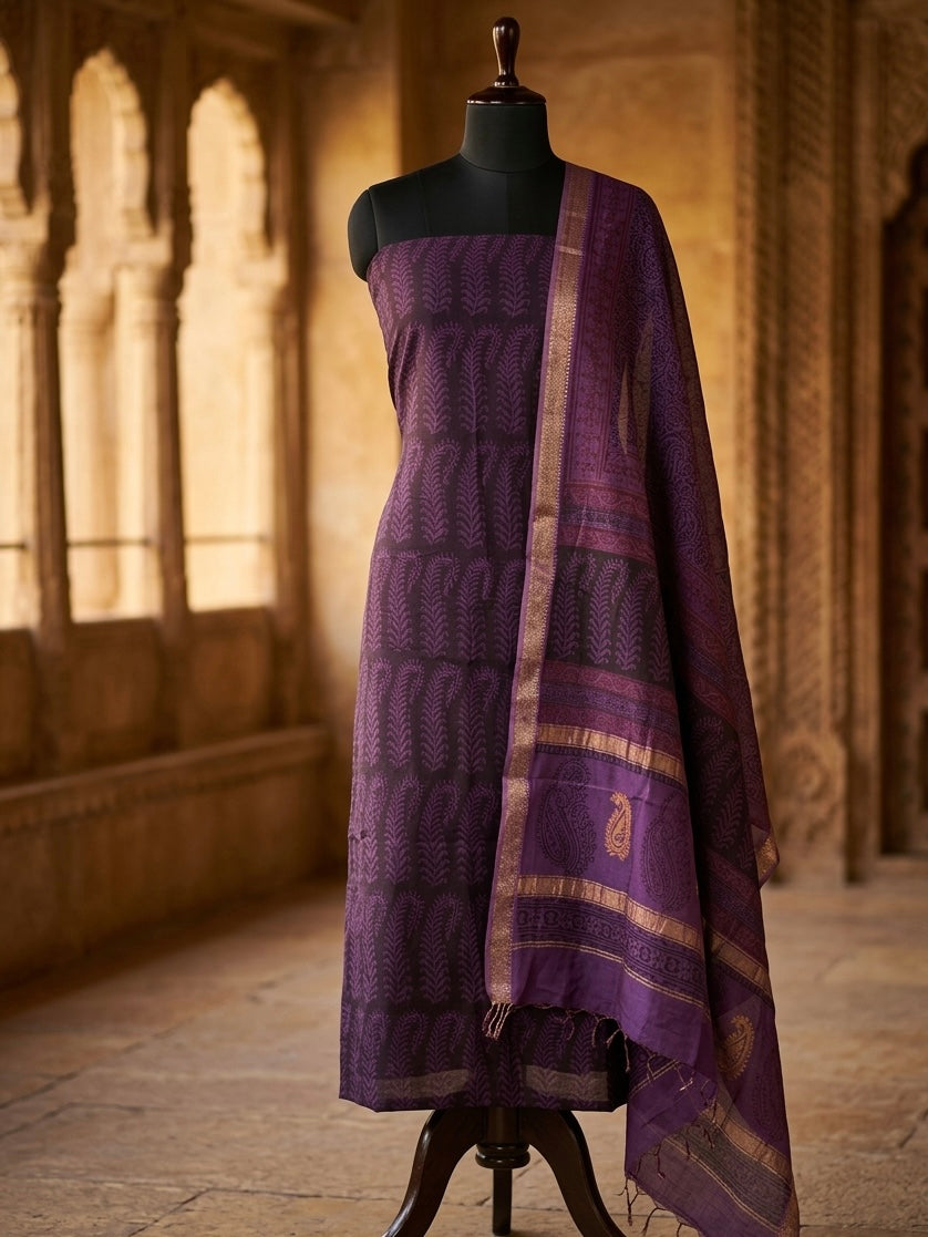 Purple - 3pc Maheshwari Silk Bagh handblock Dress Material