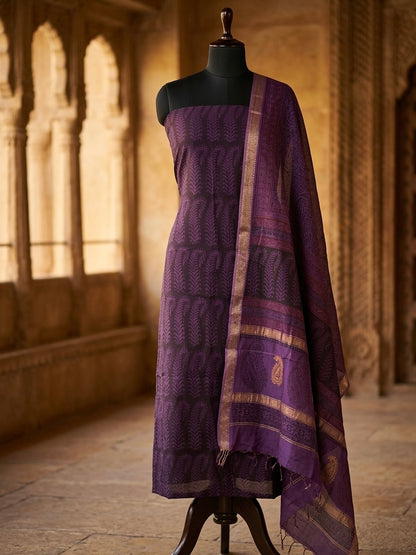 Purple - 3pc Maheshwari Silk Bagh handblock Dress Material