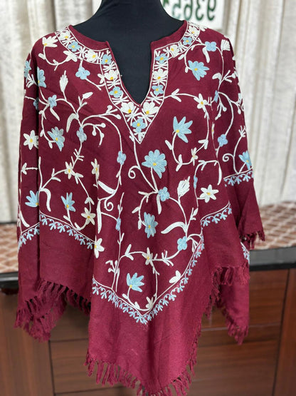 Kashmiri Aari Embroidered Woollen Poncho – | Handcrafted Heritage