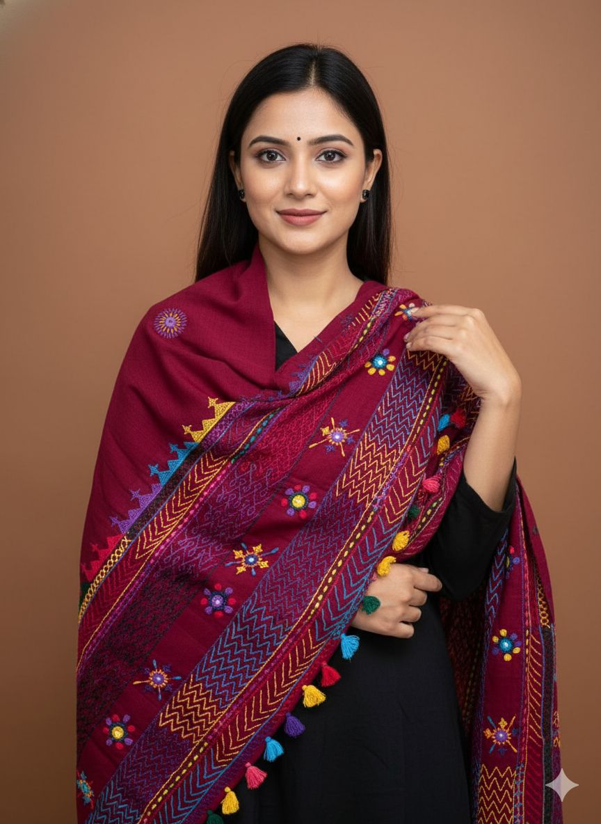 Blood red  - Handcrafted Lambani Khadi Cotton Stole with Multicolor Embroidery and Mirror Work
