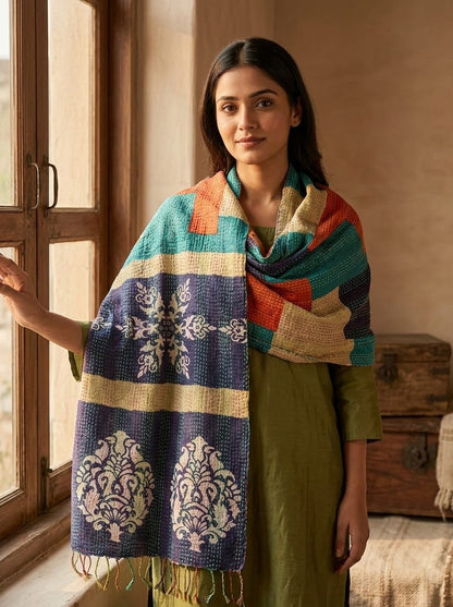 MULTICOLOR - PATCHWORK REVERSIBLE SILK BENGAL HAND KANTHA STITCH STOLE