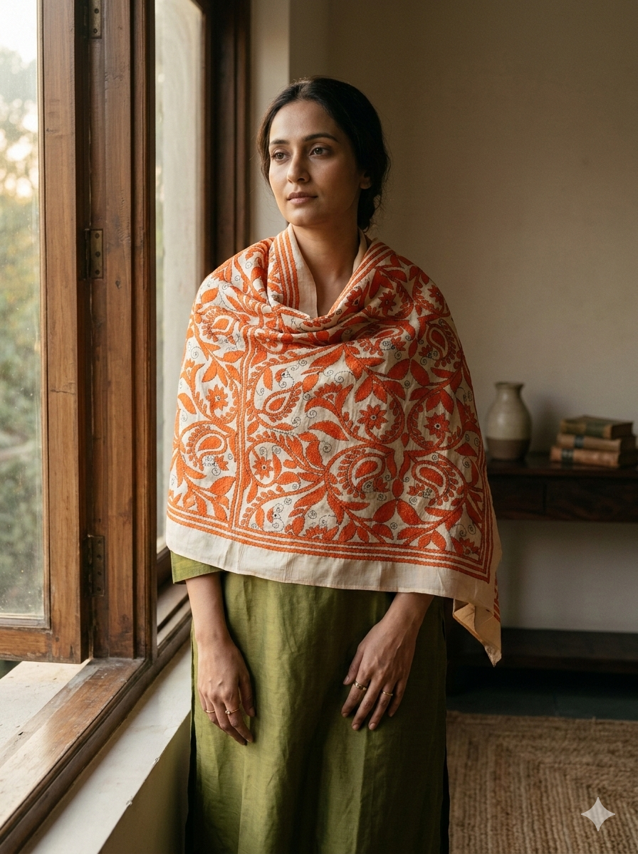 White - Bengal Kantha Embroidery Handloom Tussar Silk Stole