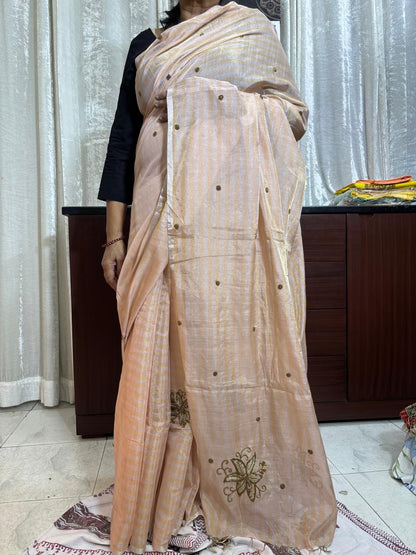 HANDLOOM MAHESHWARI SILK TISSUE ZARI STRIPES SAREE WITH ZARDOSI WORK