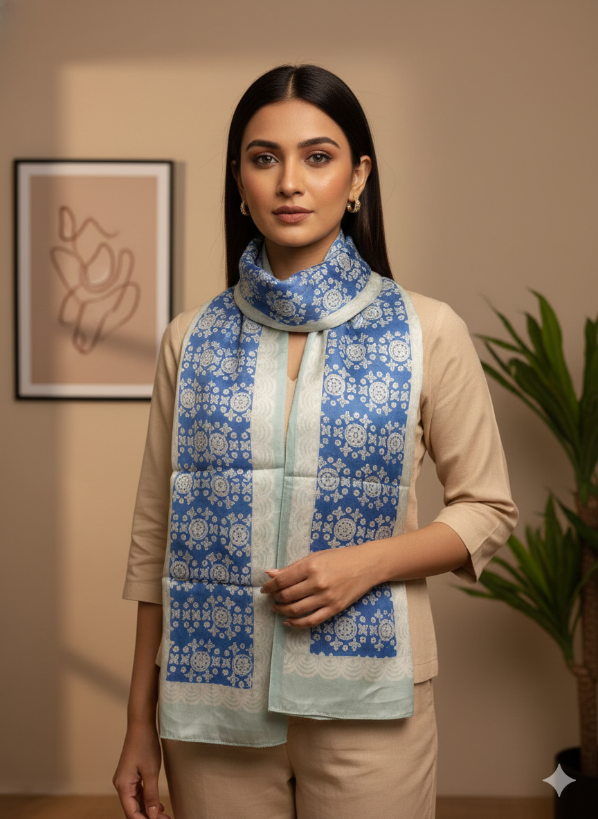 Indigo Blue and Green - Bagh Hand Block Modal Silk  Stole