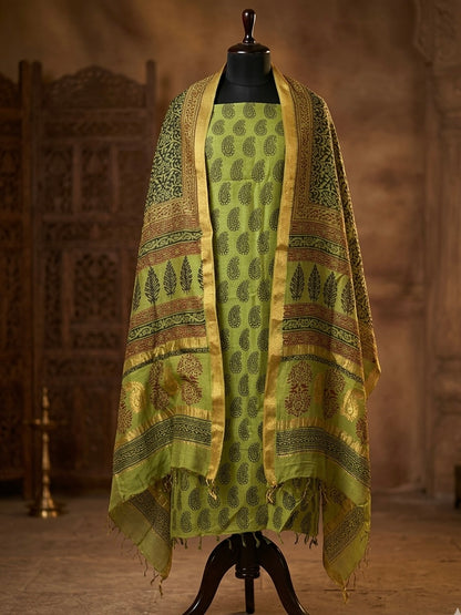 Lime green  - 3pc Maheshwari Silk Bagh handblock Dress Material
