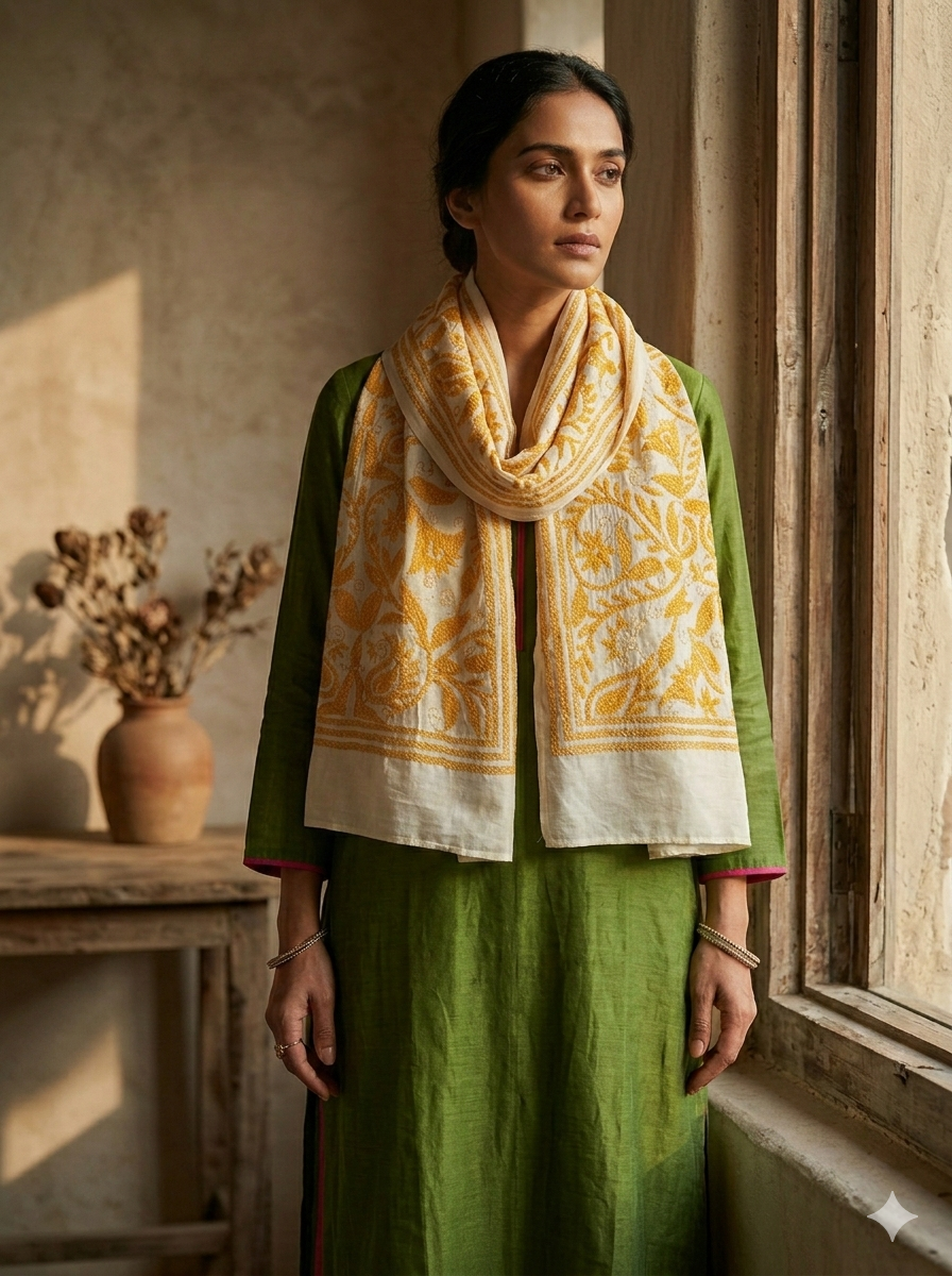 White - Bengal Kantha Embroidery Handloom Tussar Silk Stole