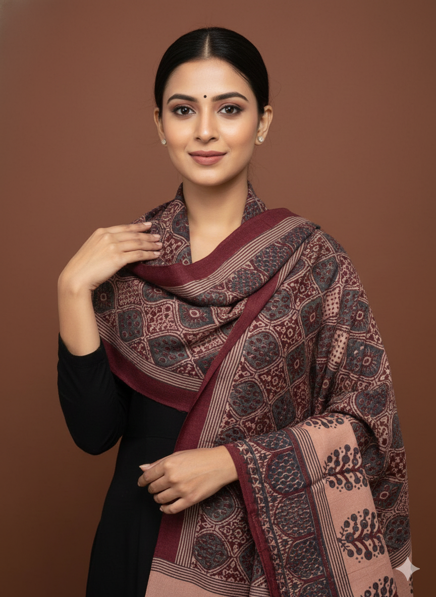 KUTCH HANDWOVEN HANDBLOCK  MERINO WOOL AJRAKH STOLE 14