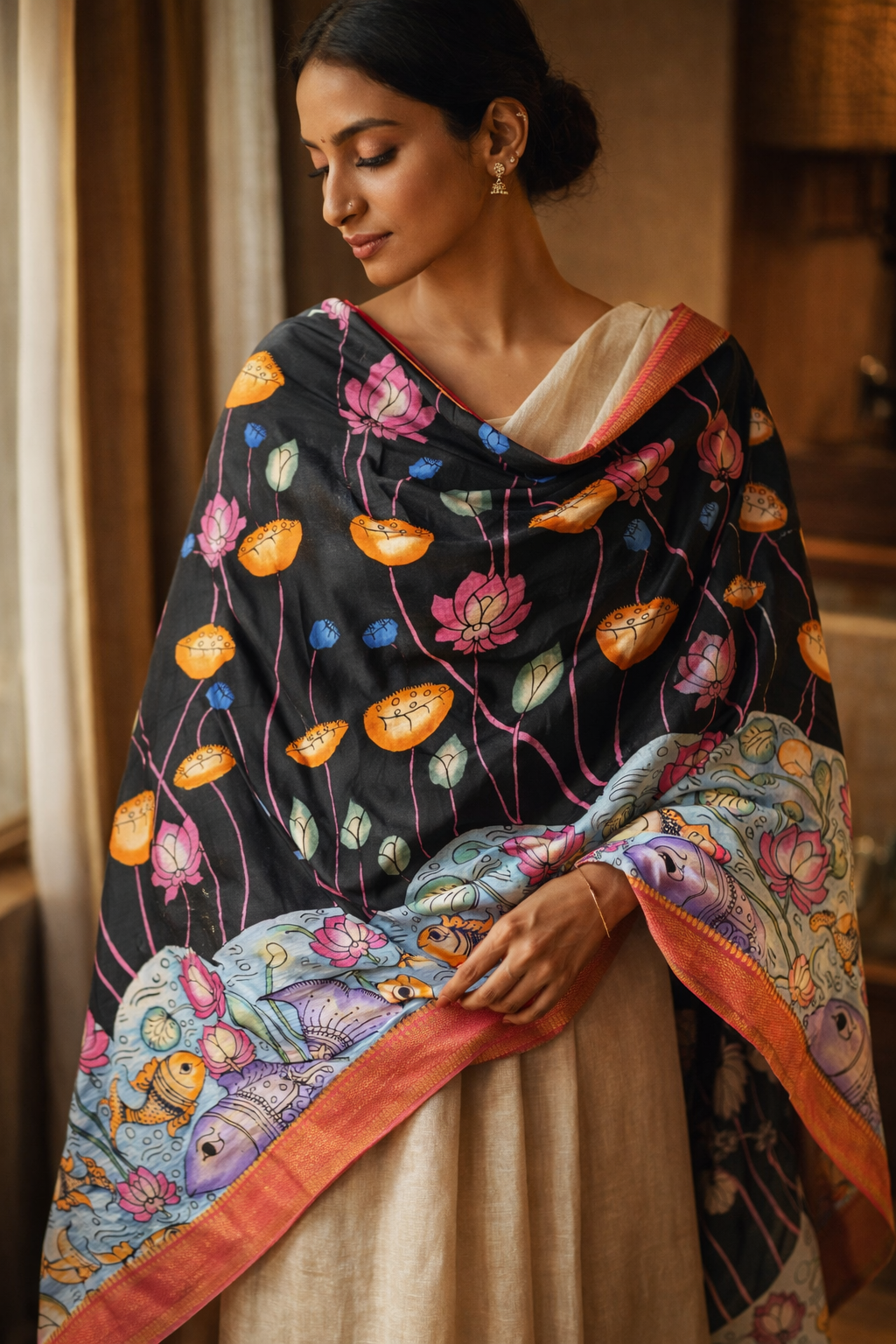 Black Bangalore Silk Srikalahasti Handpainted Pen Kalamkari Dupatta 2