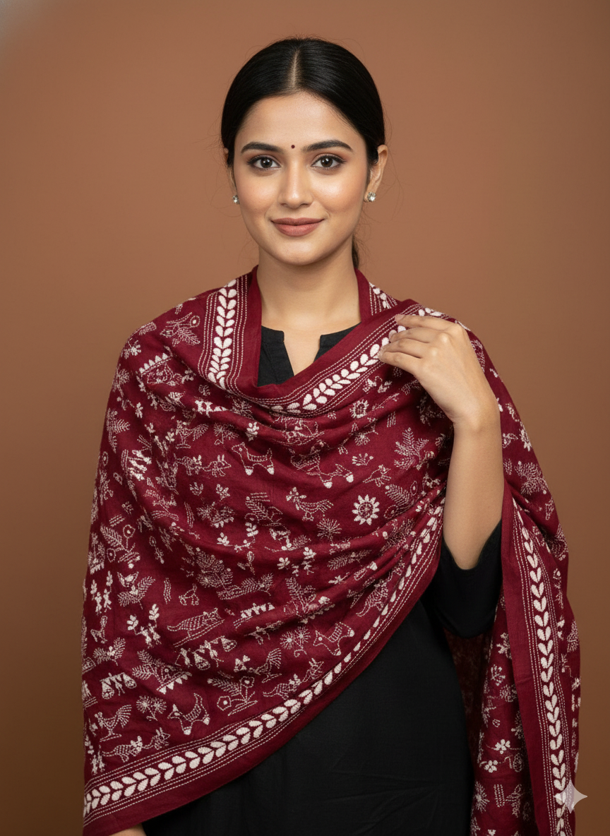 Mehroon - Bengal Kantha Embroidery Handloom Tussar Silk Stole