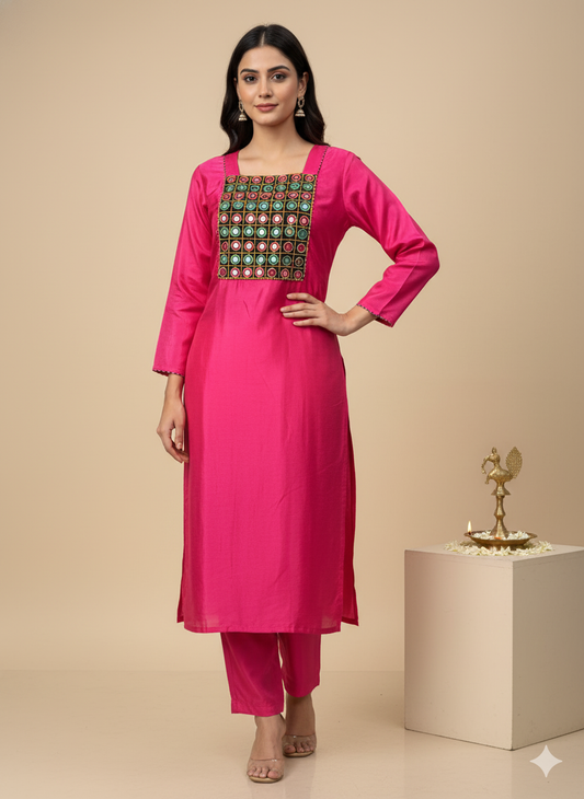 Mashru Ethnic Kurta with  Kutchi mirror hand work - hot pink