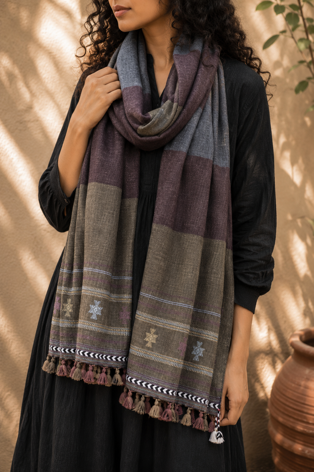 Kutch Bhujodi Weaving Handloom Organic Kala Cotton Stole with Tassels