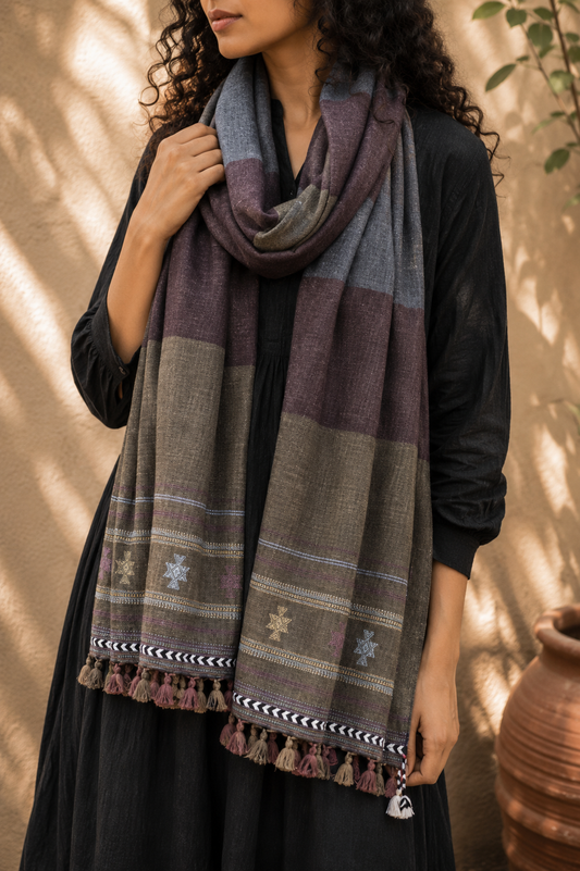 Kutch Bhujodi Weaving Handloom Organic Kala Cotton Stole with Tassels