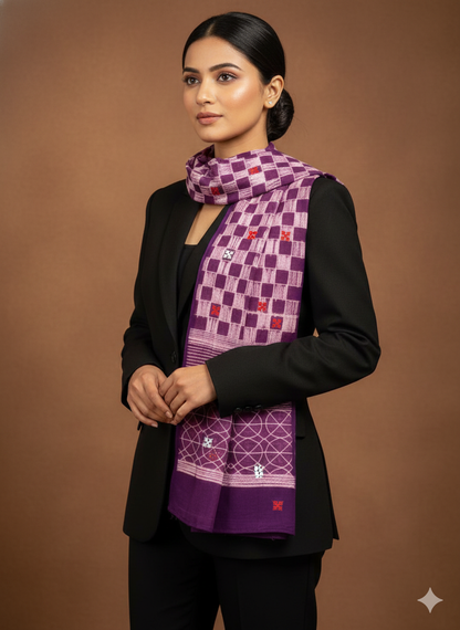 Purple pure mul cotton Tie & Dye Stole with sindhi embroidery
