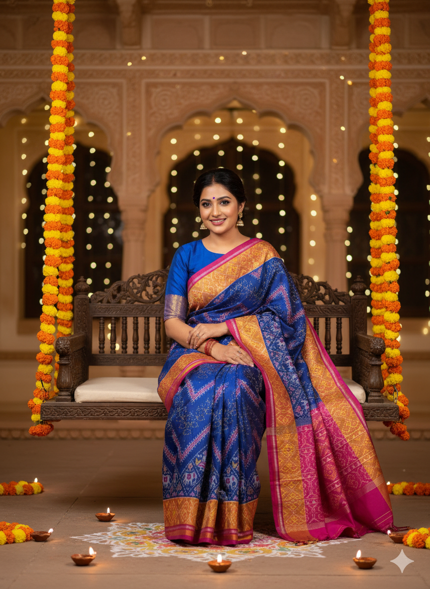 Pure mulberry silk patan Patola single ikkat saree Royal Blue