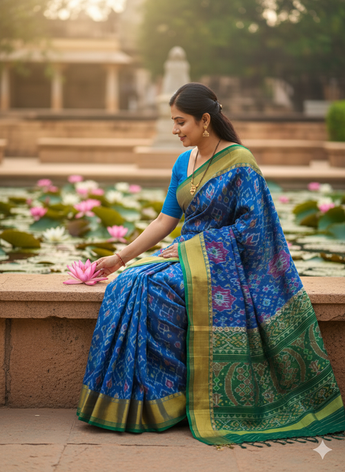 Pure mulberry silk patan Patola single ikkat saree Sky Blue