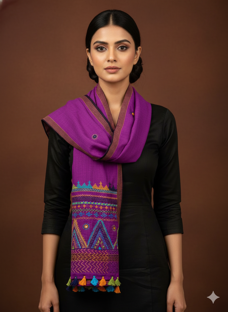 Wine Handcrafted Lambani Khadi Cotton Stole with Multicolor Embroidery and Mirror Work