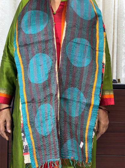 MULTICOLOR - PATCHWORK REVERSIBLE SILK BENGAL HAND KANTHA STITCH STOLE