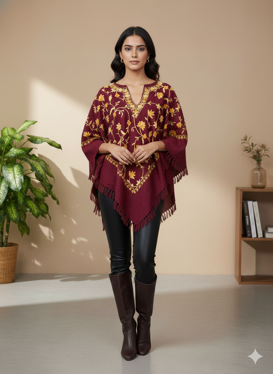 Kashmiri Aari Embroidered Woollen Poncho – | Handcrafted Heritage