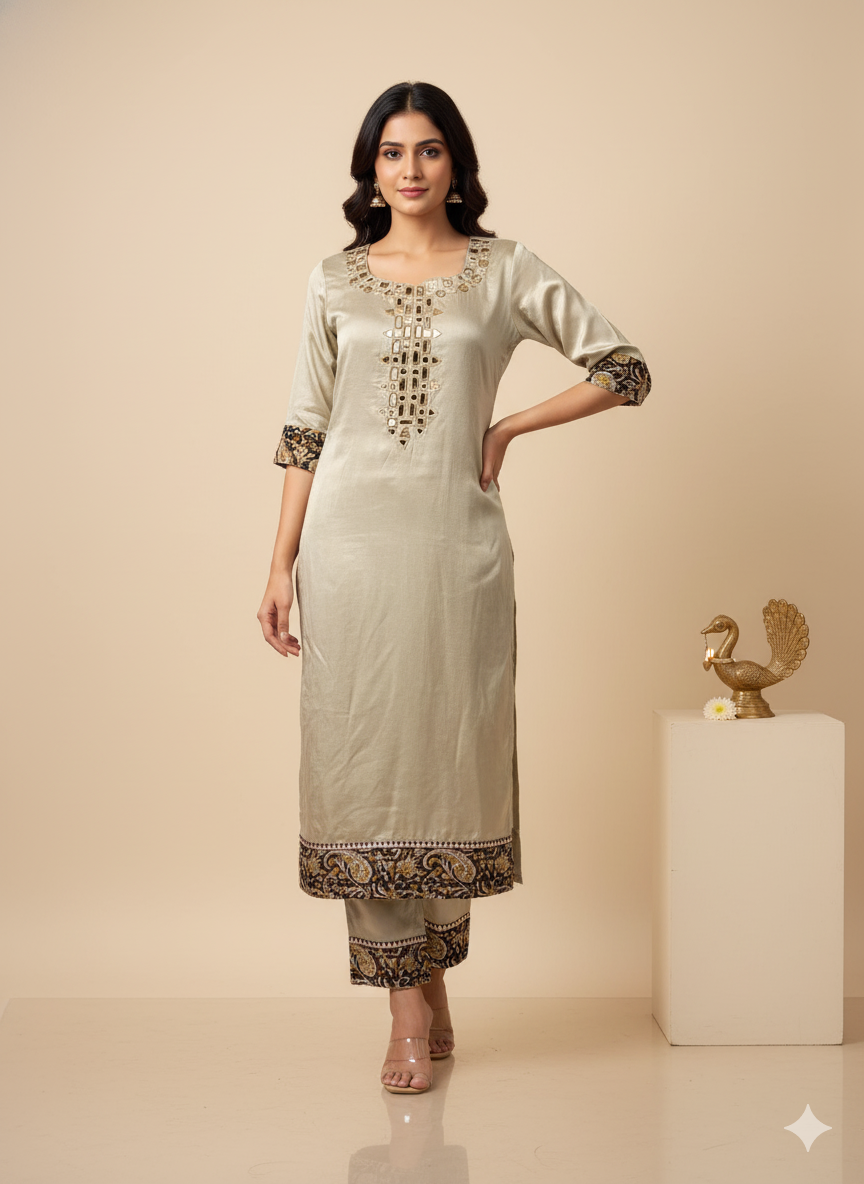 Mashru Ethnic Kurta with  Kutchi mirror hand work - off white