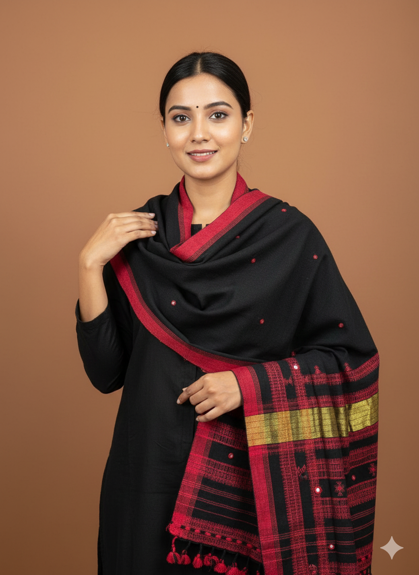 Kutch Weaving Handloom Organic Kala Cotton Stole with tassels