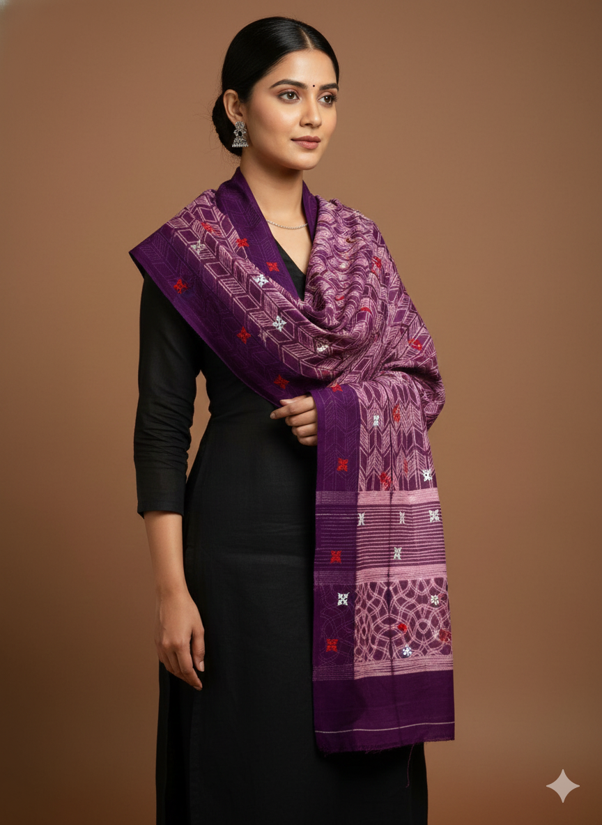 Purple pure mul cotton Tie & Dye Stole with sindhi embroidery