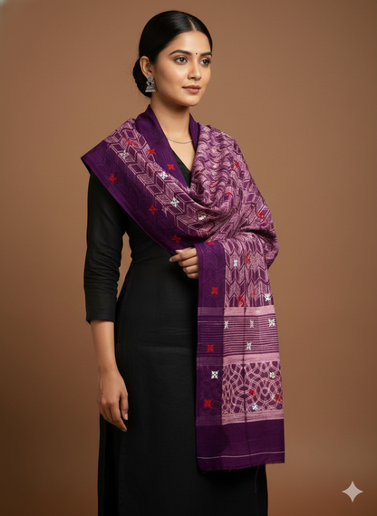 Purple pure mul cotton Tie & Dye Stole with sindhi embroidery