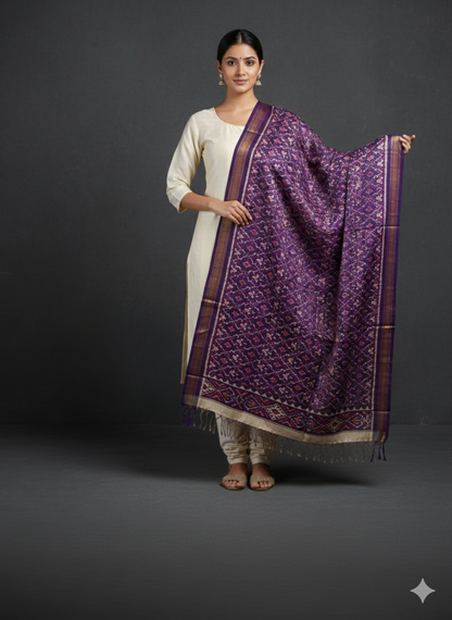 Purple handloom pure mulberry silk  Patola dupatta with hathi motif