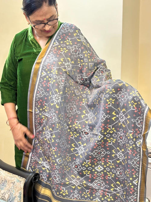 Grey handloom pure mulberry silk  Patola dupatta with geometrical motif