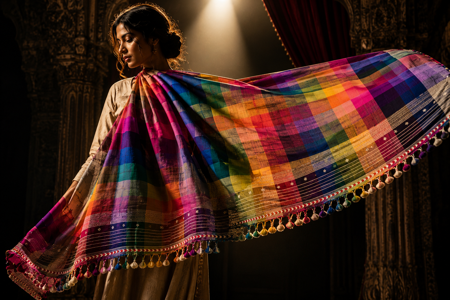 Rainbow Bhujodi Kala cotton dupatta with zari