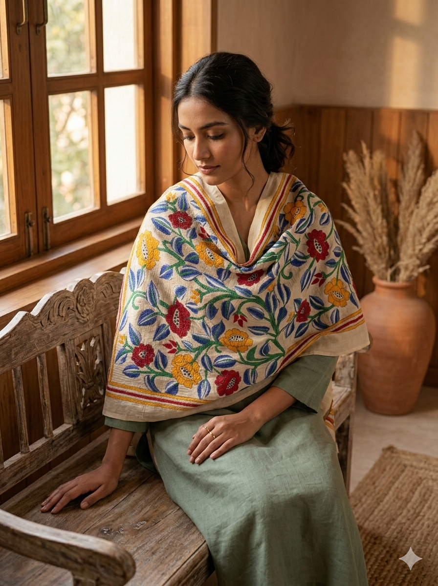 White - Bengal Kantha Embroidery Handloom Tussar Silk Stole