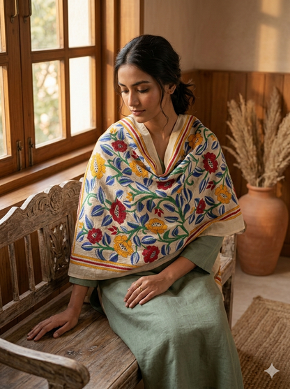 White - Bengal Kantha Embroidery Handloom Tussar Silk Stole