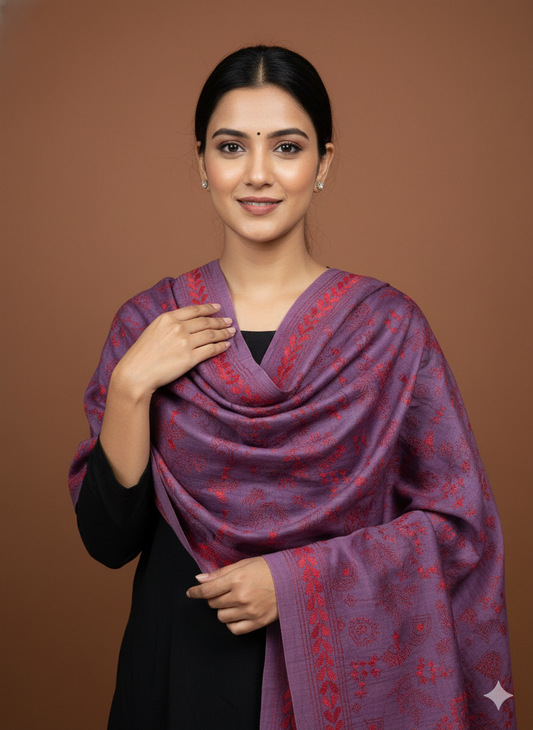 Wine - Bengal Kantha Embroidery Handloom Tussar Silk Stole