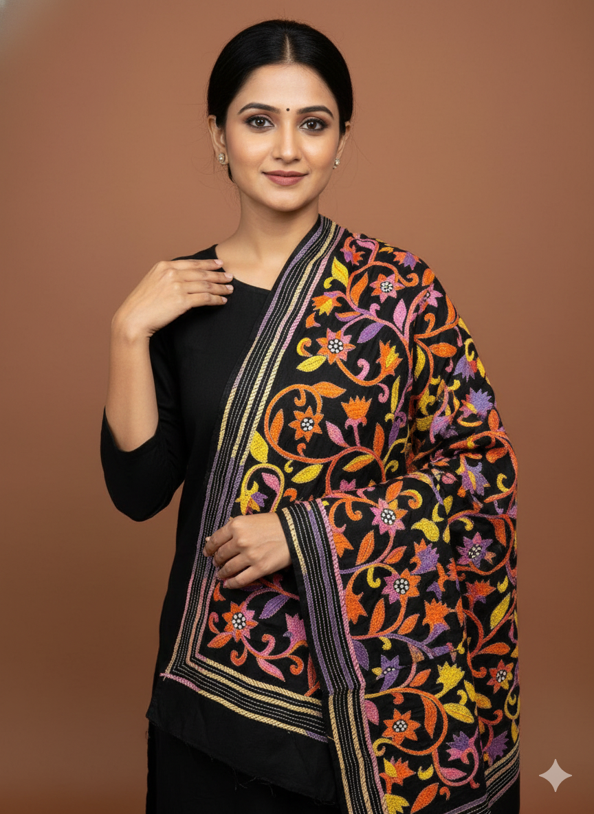 Multicolor - Bengal Kantha Embroidery Handloom Tussar Silk Stole