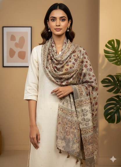 Ivory - Ajrakh Block Printed Modal Silk Stole with Tassels 4