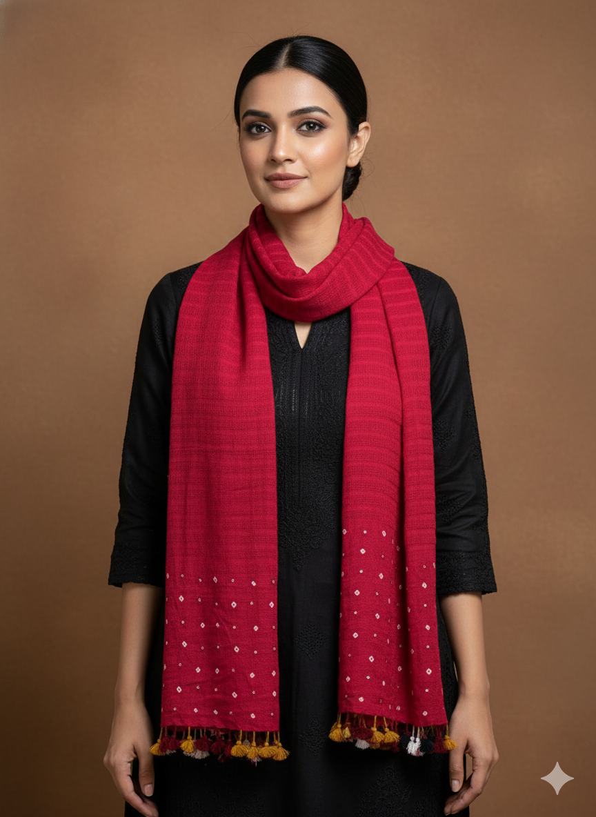 RED - KUTCH MIRROR WORK HANDWOVEN BANDHANI MERINO STOLE