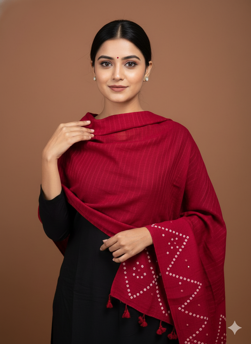 RED - KUTCH MIRROR WORK HANDWOVEN BANDHANI MERINO STOLE