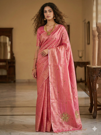 HANDLOOM MAHESHWARI SILK TISSUE ZARI STRIPES SAREE WITH ZARDOSI WORK