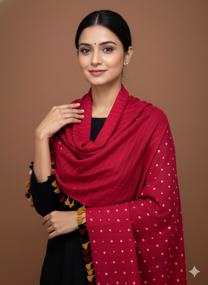 RED - KUTCH MIRROR WORK HANDWOVEN BANDHANI MERINO STOLE