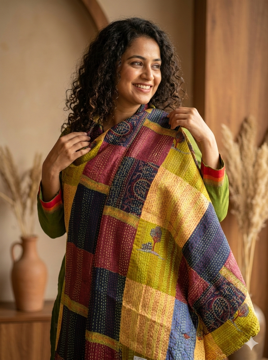 MULTICOLOR - PATCHWORK REVERSIBLE SILK BENGAL HAND KANTHA STITCH STOLE