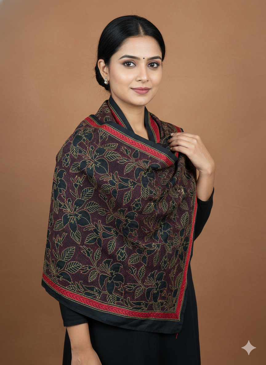 Coffee Brown - Bengal Kantha Embroidery Handloom Tussar Silk Stole