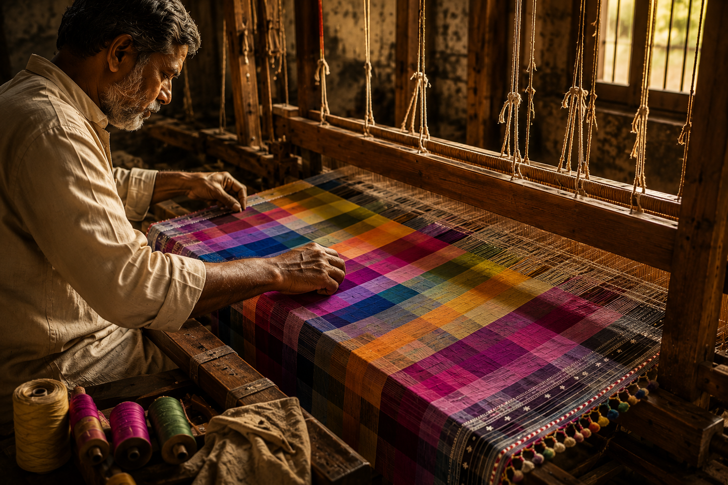 Rainbow Bhujodi Kala cotton dupatta with zari