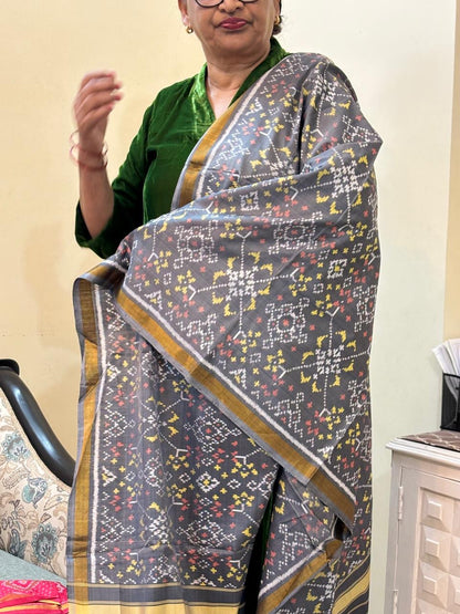 Grey handloom pure mulberry silk  Patola dupatta with geometrical motif