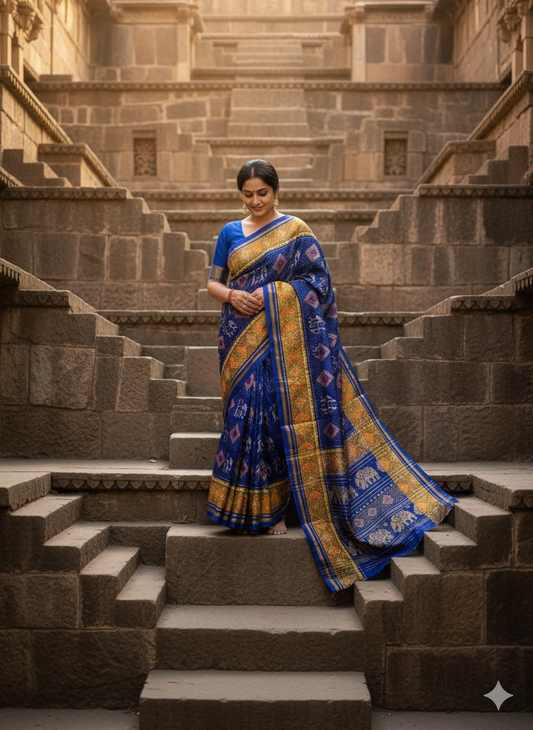 Pure mulberry silk patan Patola single ikkat saree Royal Blue
