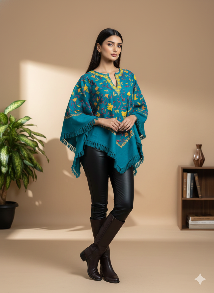 Kashmiri Aari Embroidered Woollen Poncho – | Handcrafted Heritage