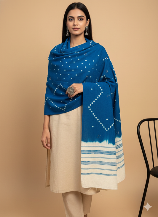 MERINO KUTCH  HAND BANDHINI WOOLLEN SHAWL DUAL  TONE