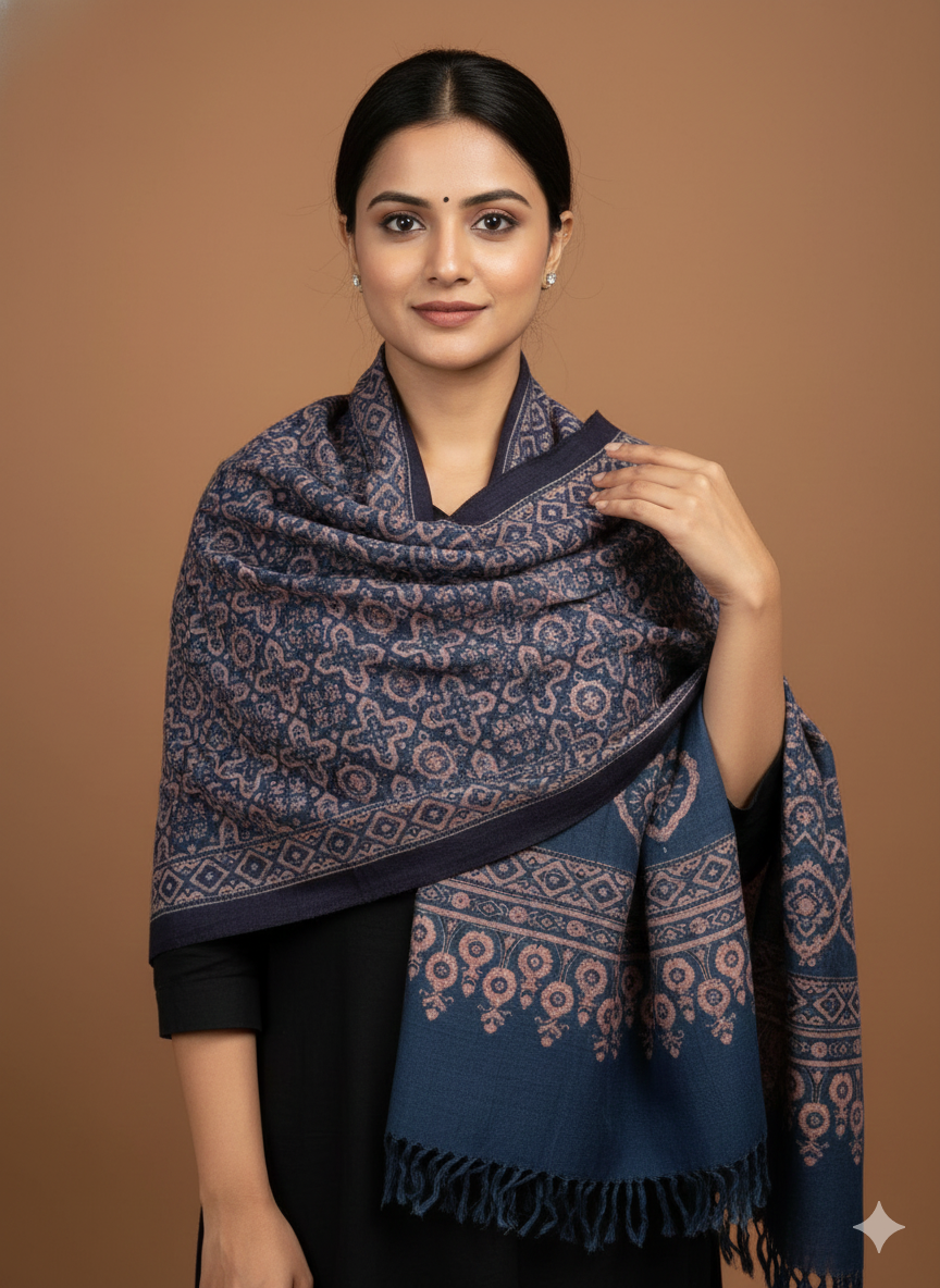 KUTCH HANDWOVEN HANDBLOCK  MERINO WOOL AJRAKH STOLE