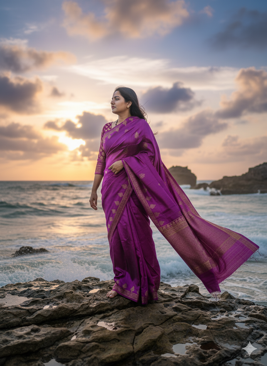 Pure raw  silk Benarsi wine saree