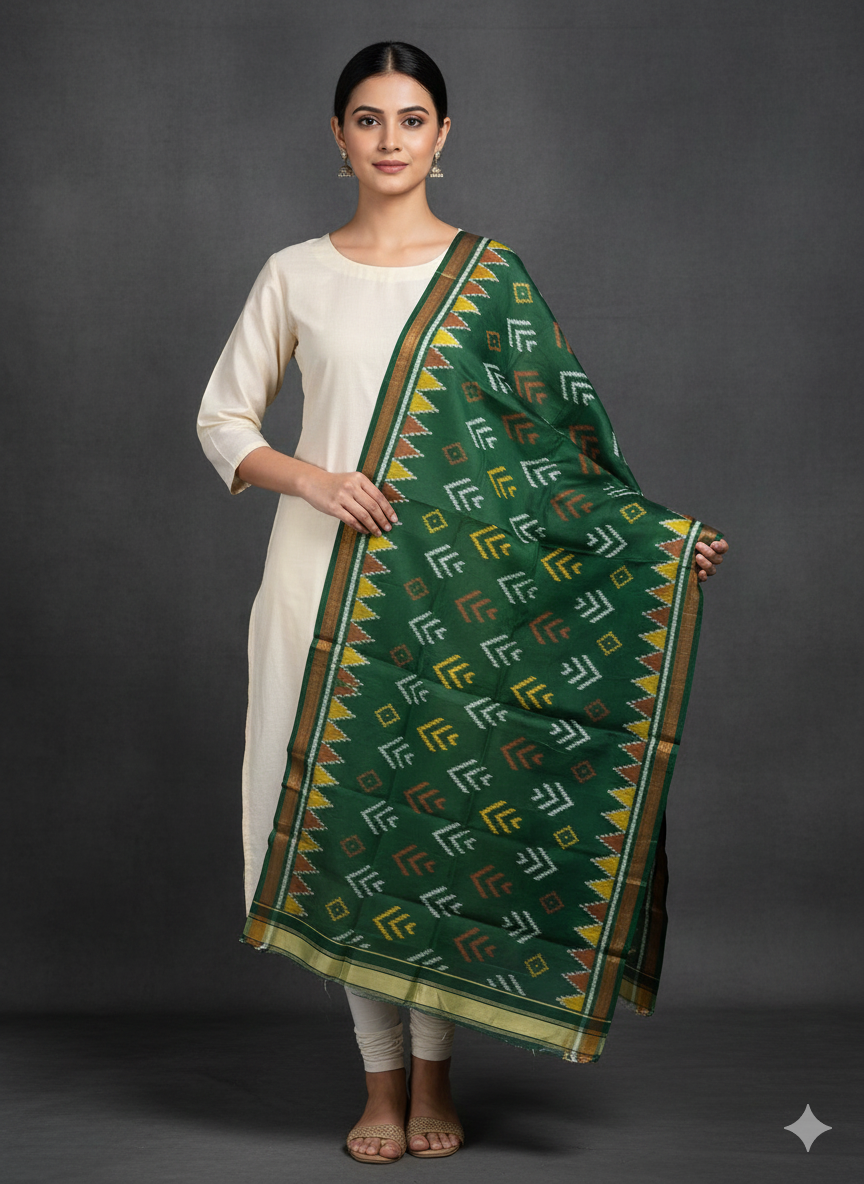 Green handloom pure mulberry silk  Patola dupatta with hathi motif
